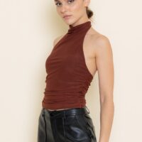 BROWN MESH HALTER TOP