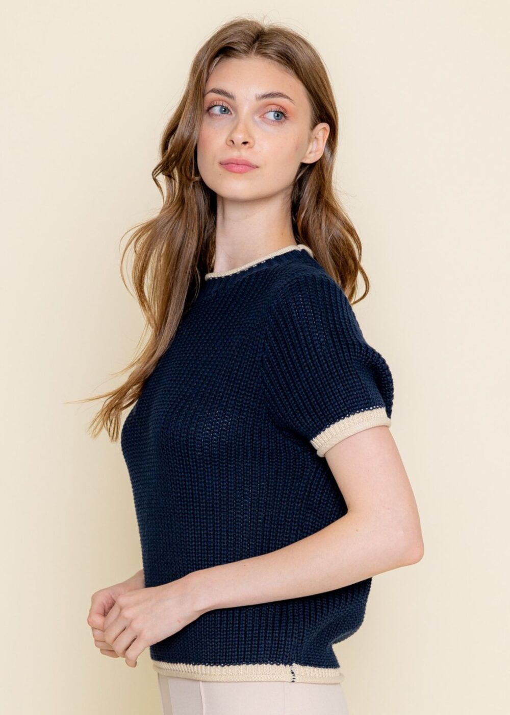 NAVY SWEATER TOP WITH CREAM TRIM