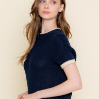 NAVY SWEATER TOP WITH CREAM TRIM