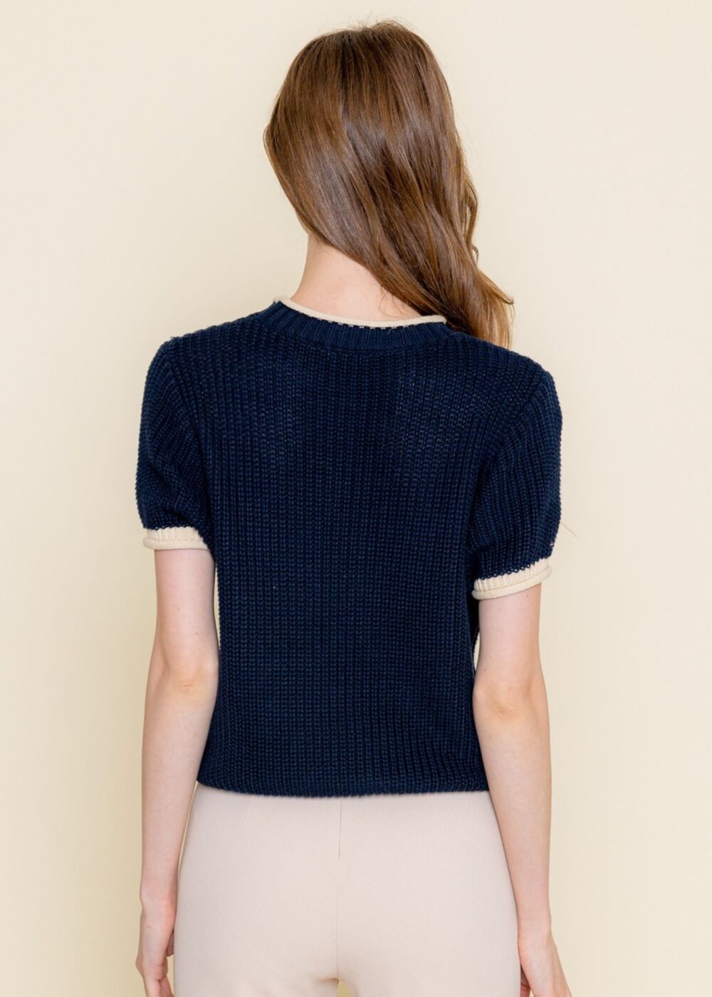 NAVY SWEATER TOP WITH CREAM TRIM