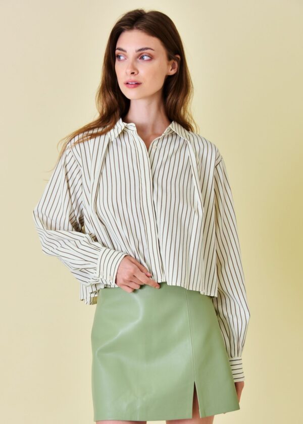 IVORY AND KHAKI STRIPE CROPPED BUTTON UP TOP