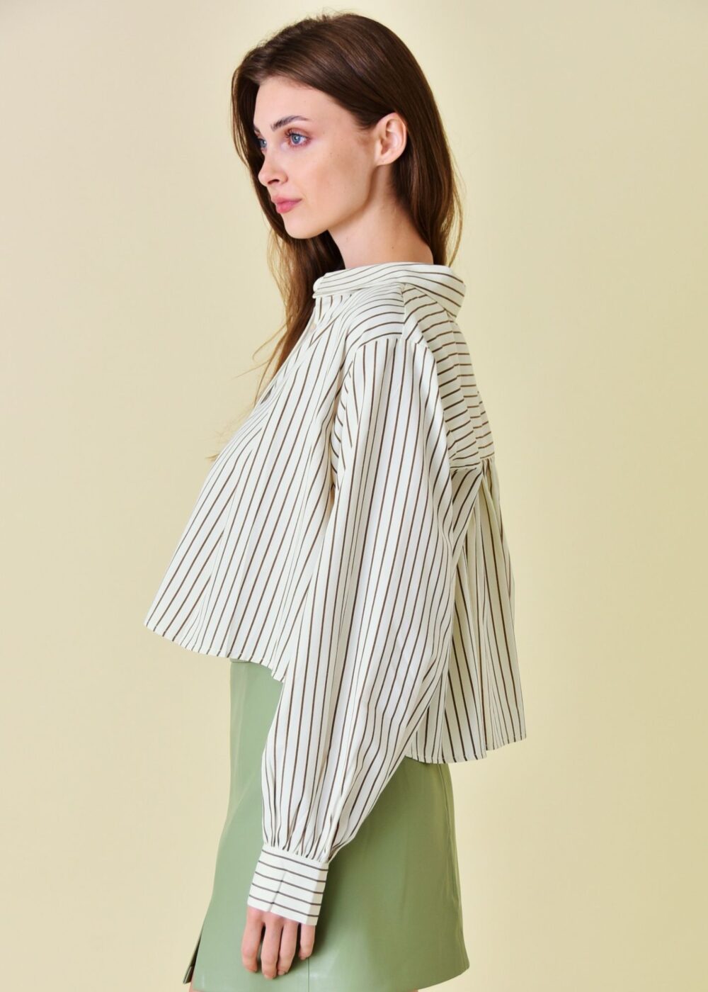 IVORY AND KHAKI STRIPE CROPPED BUTTON UP TOP