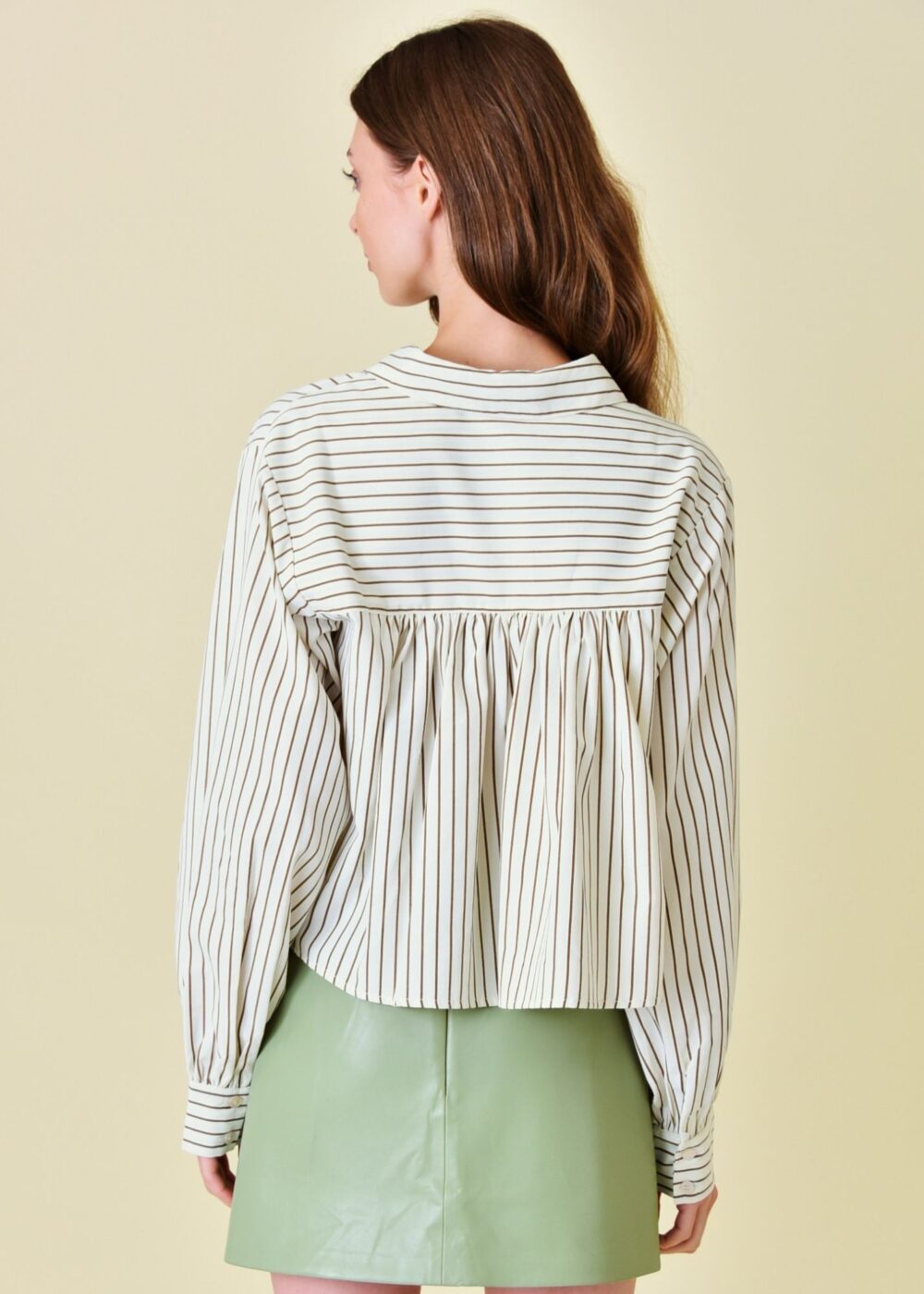 IVORY AND KHAKI STRIPE CROPPED BUTTON UP TOP