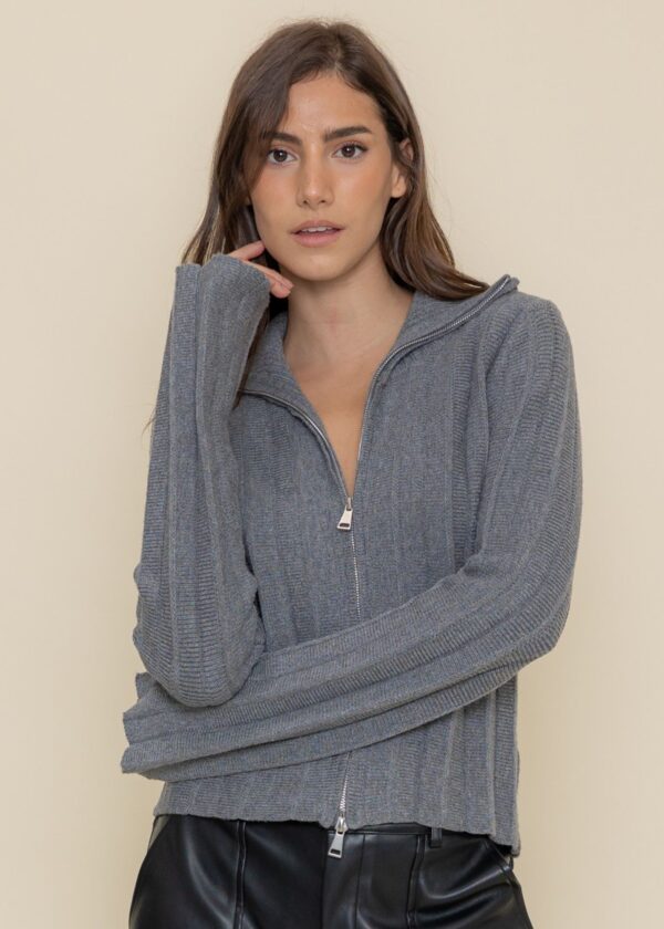 HEATHER GREY ZIP UP SWEATER TOP