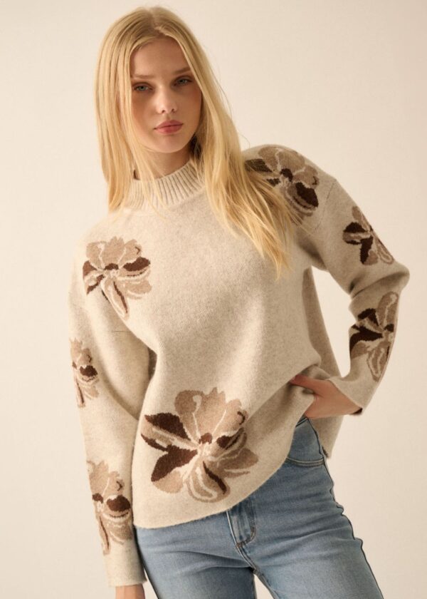 BEIGE AND BROWN FLORAL PRINT SWEATER