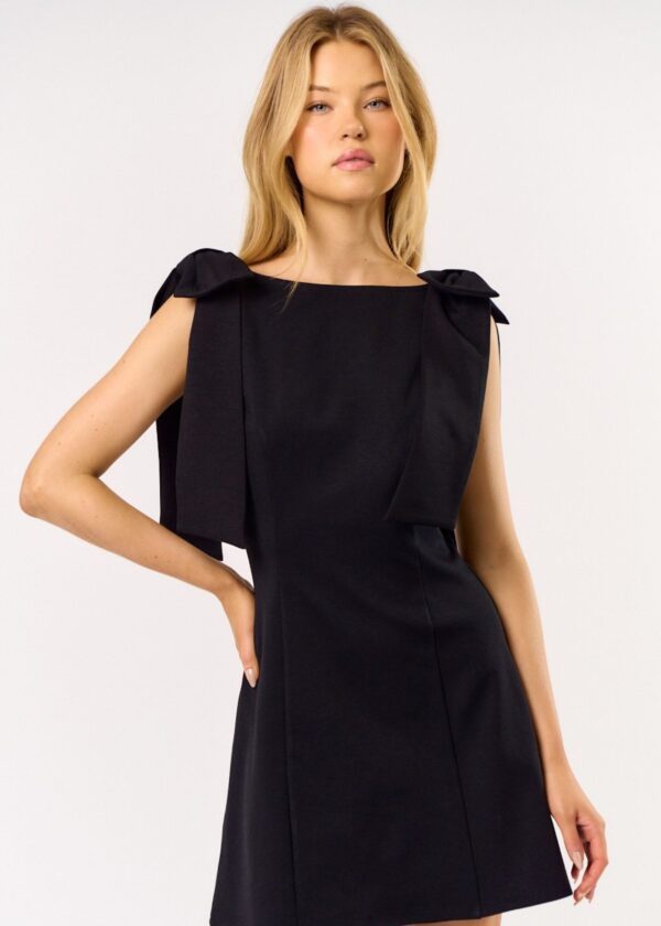 BLACK A-LINE MINI DRESS WITH BOW DETAIL ON SHOULDERS