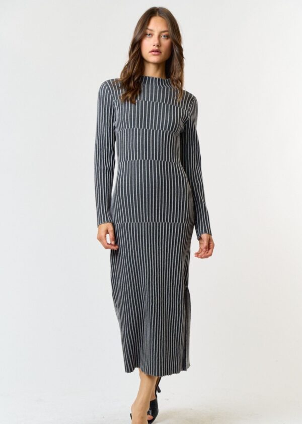 GREY VERTICAL STRIPE SWEATER DRESS