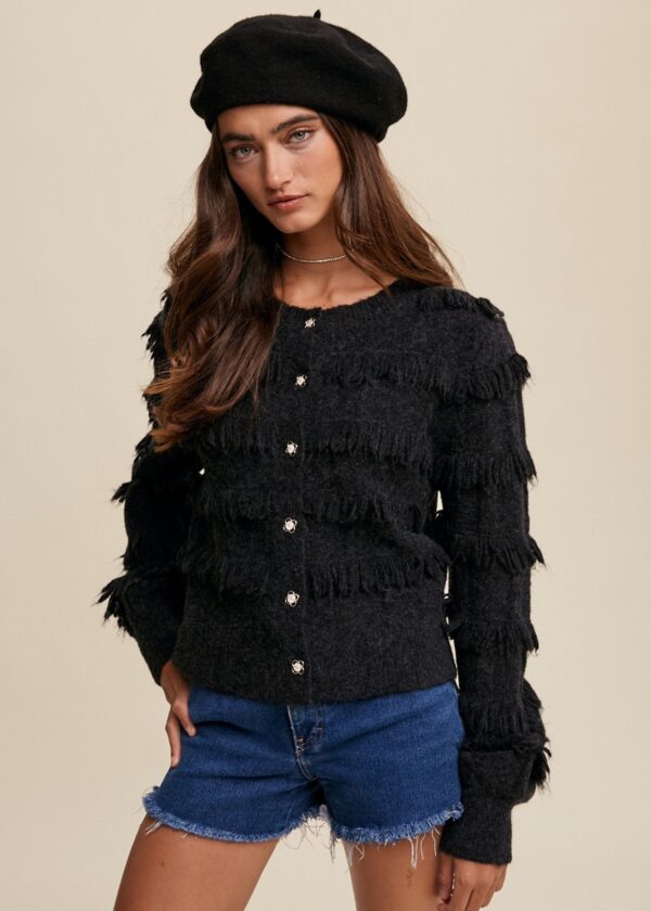 BLACK TIERED FRINGE CARDIGAN