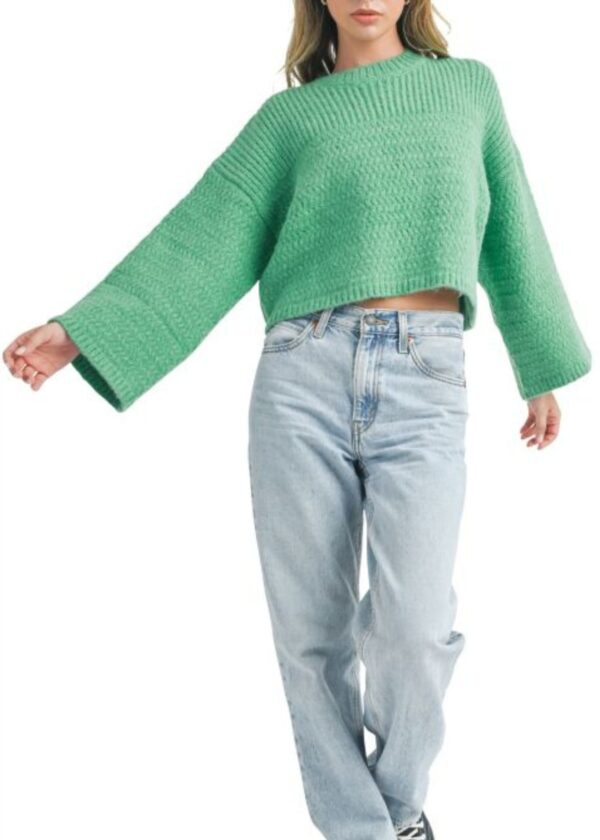 GREEN CROPPED BELL SLEEVE SWEATER