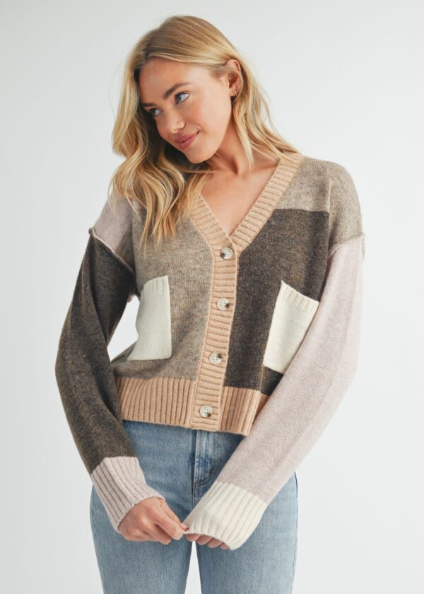 TAN COLOR BLOCK CARDIGAN