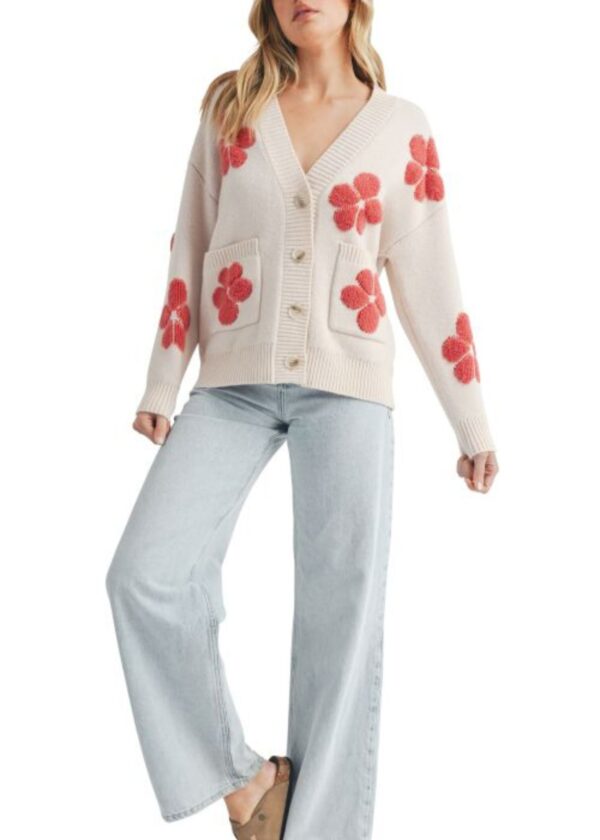 NATURAL CARDIGAN WITH CORAL FLORAL PRINT ACCENTS