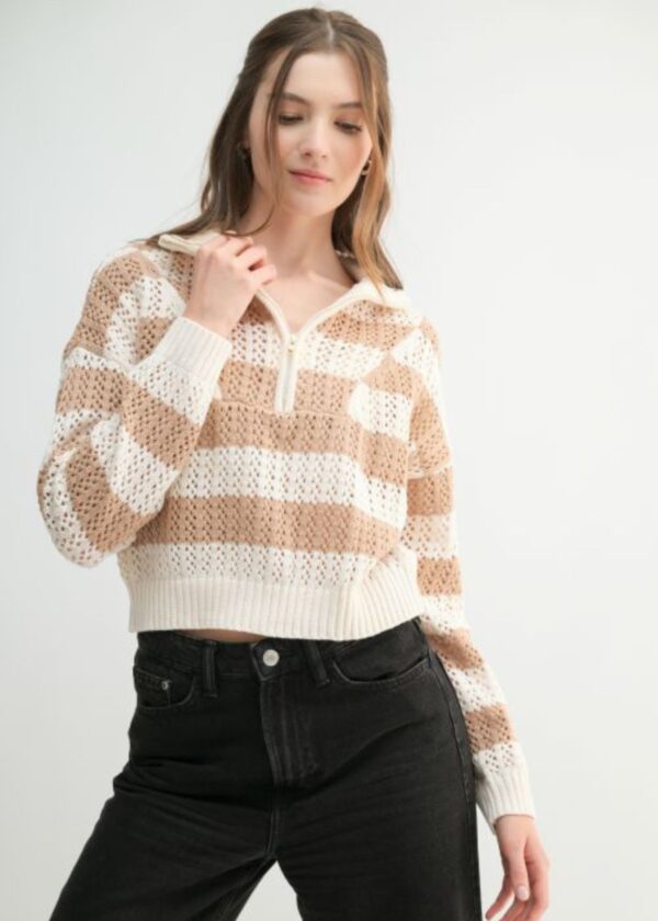 TAUPE AND CREAM STRIPE HALF ZIP SWEATER