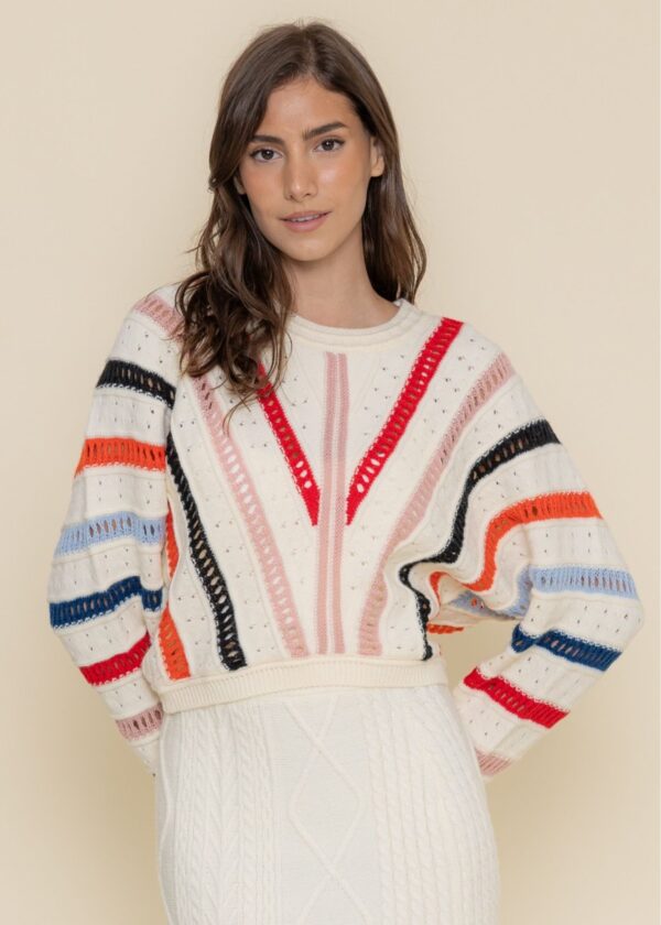 WHITE OPEN KNIT SWEATER WITH MULTI COLOR STRIPE ACCENTS