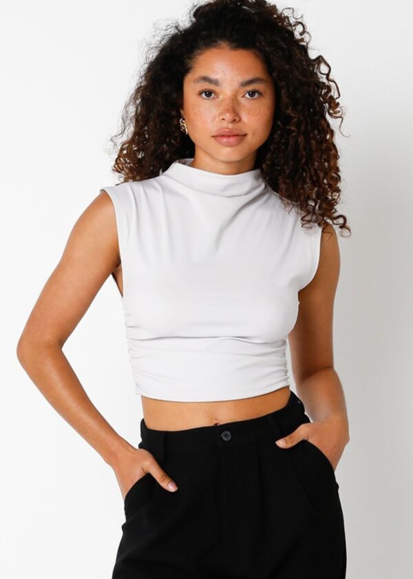 PALE GREY SLEEVELESS RUCHED CROP TOP