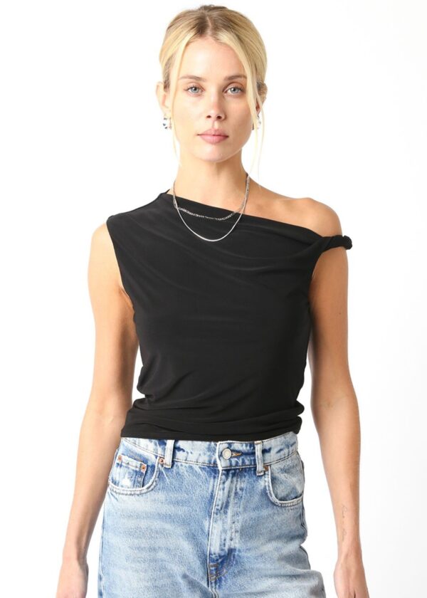 BLACK ONE SHOULDER TOP WITH TWIST STRAP ON LEFT ARM