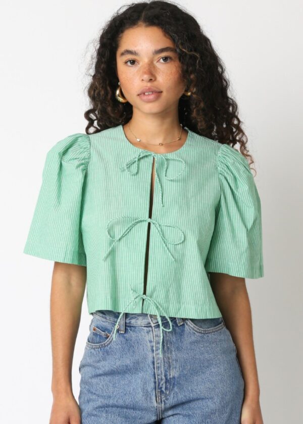 GREEN PINSTRIPE FRONT TIE TOP