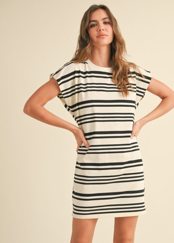 WHITE AND BLACK STRIPE MINI T-SHIRT DRESS