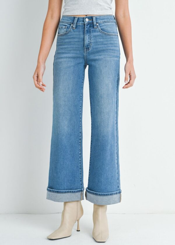 MEDIUM WASH CUFFED PALAZZO JEANS