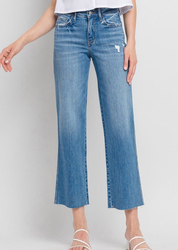 MEDIUM WASH RAW HEM WIDE LEG JEANS