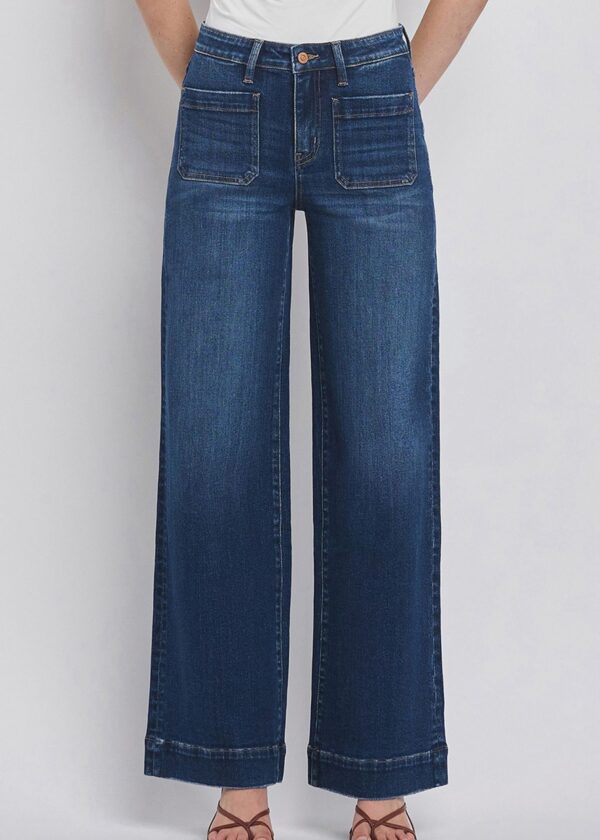 DARK WASH WIDE LEG JEANS WITH PATCH POCKETS