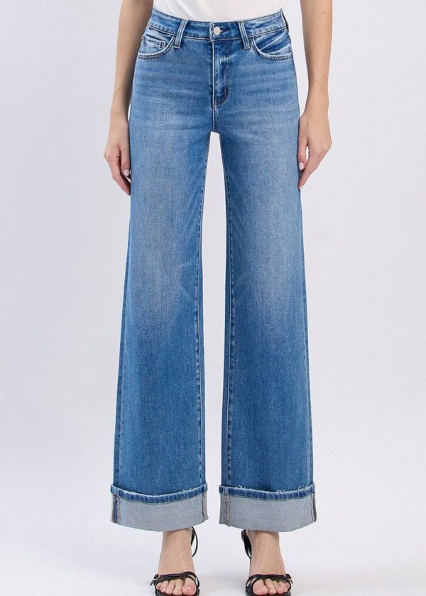 MEDIUM WASH CUFFED WIDE LEG JEANS