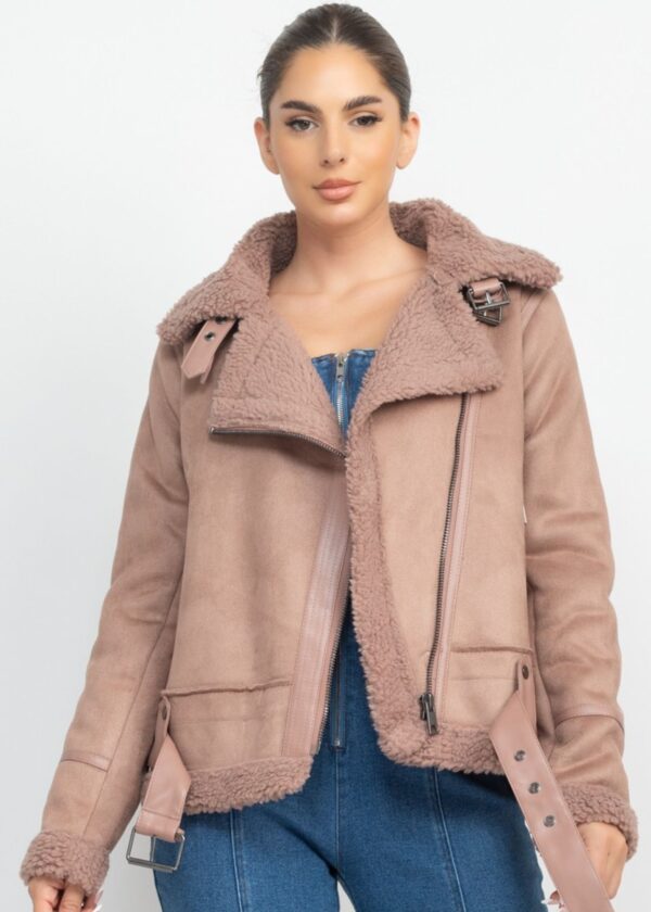 DUSTY MAUVE FAUX SUEDE MOTO JACKET WITH SHERPA TRIM