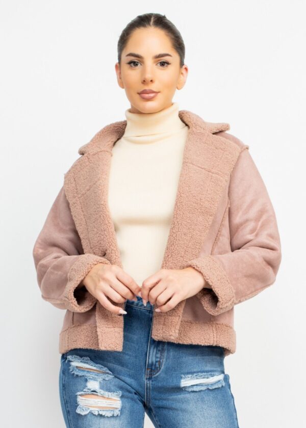 DARK MAUVE FAUX SUEDE JACKET WITH SHERPA TRIM