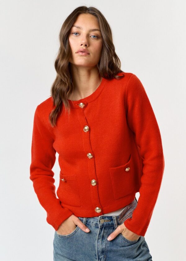 RED ORANGE CARDIGAN WITH GOLD BUTTON CLOSURE