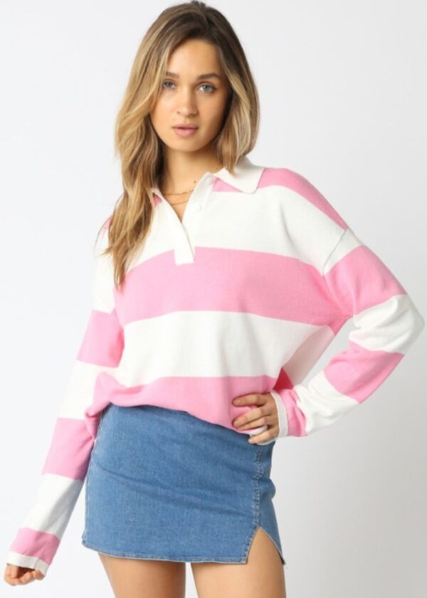 PINK AND WHITE BOLD STRIPE COLLARED SWEATER