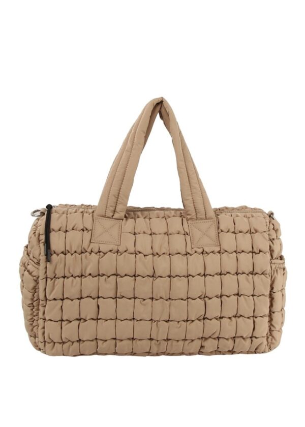 TAUPE PUFFY QUILTED DUFFLE BAG