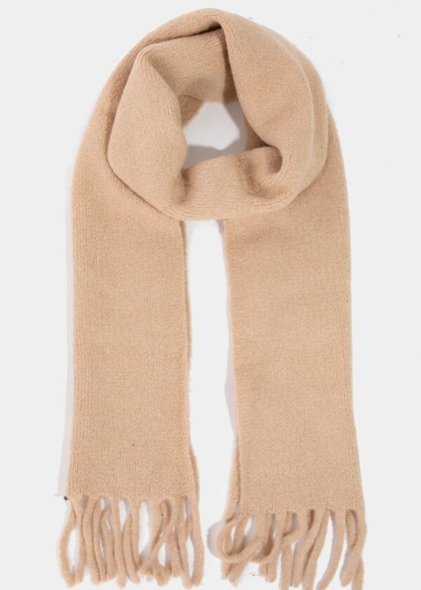 TAUPE WINTER SCARF WITH TASSEL TRIM