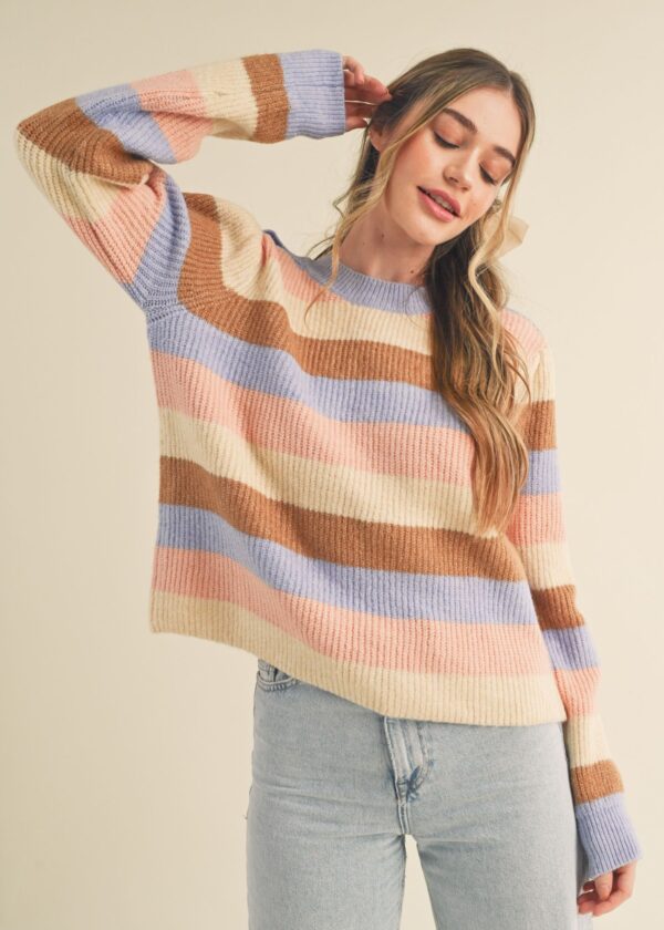 LAVENDER, PEACH, IVORY, AND BROWN STRIPE SWEATER