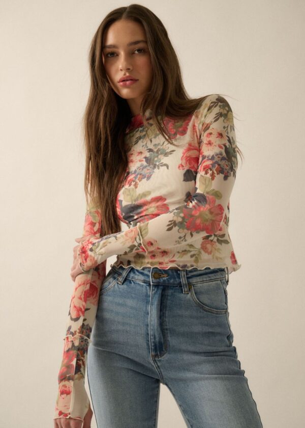 CREAM MESH TOP WITH RED FLORAL PRINT