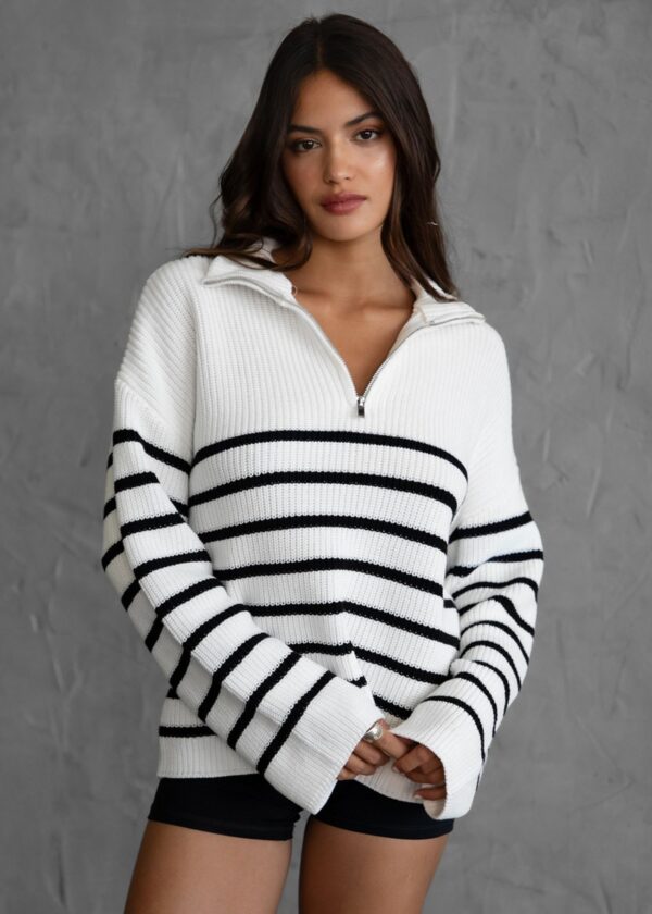 WHITE AND BLACK STRIPE QUARTER ZIP SWEATER