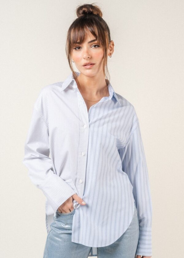 BLUE AND WHITE CONTRAST PINSTRIPE BUTTON UP TOP