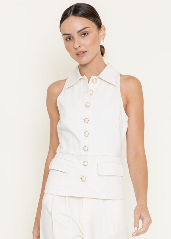 IVORY COLLARED DENIM VEST WITH PEARL BUTTON CLOSURE