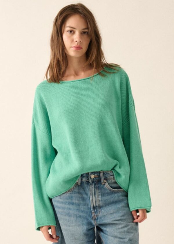 GREEN OVERSIZED RIB KNIT SWEATER