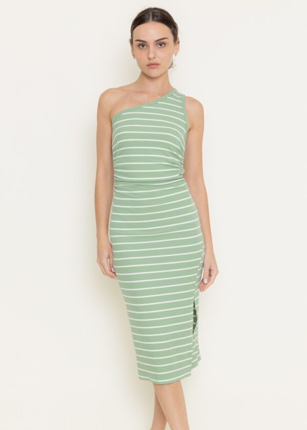 SAGE GREEN AND WHITE STRIPE KNIT MIDI DRESS