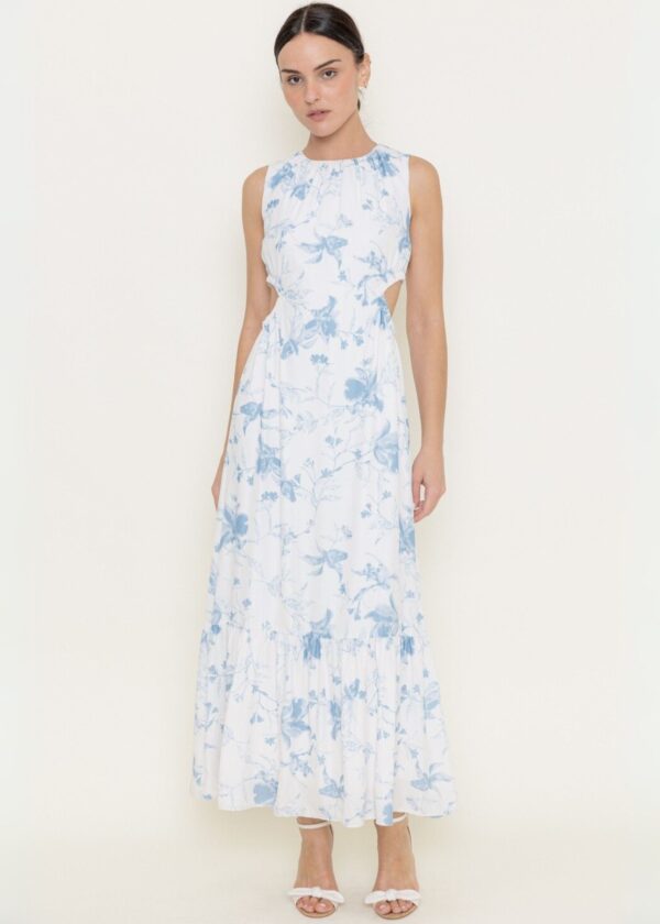 CREAM AND LIGHT BLUE FLORAL MAXI DRESS