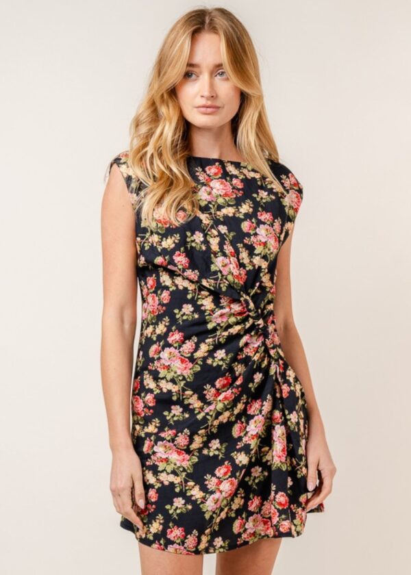 BLACK AND PINK FLORAL MINI DRESS