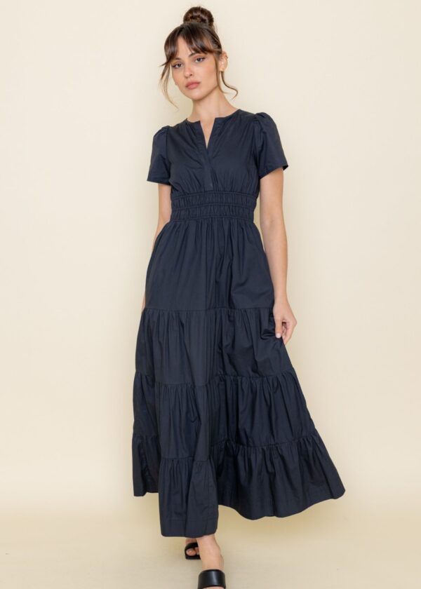 DARK NAVY BLUE POPLIN SHORT SLEEVE MAXI DRESS