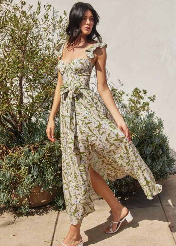 LAVENDER AND GREEN FLORAL AND LEAF PRINT CORSET DRESS