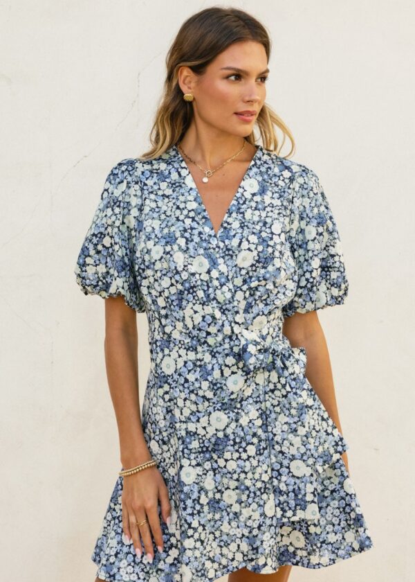 NAVY BLUE AND WHITE FLORAL MINI WRAP DRESS