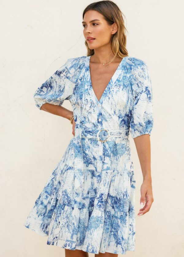 WHITE AND BLUE PRINTED MINI SHIRT DRESS