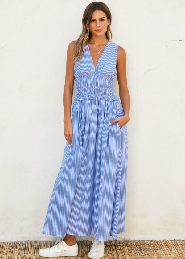 BLUE AND WHITE PINSTRIPE MAXI DRESS