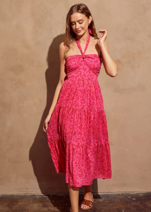 FUCHSIA PAISLEY PRINT HALTER MIDI DRESS