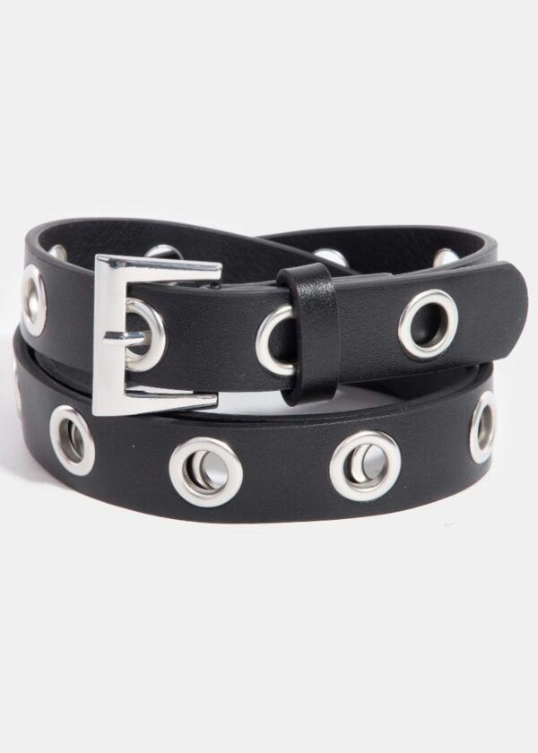 BLACK THIN FAUX LEATHER BELT WITH SILVER GROMMET ACCENTS