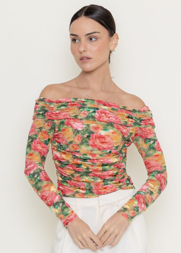 RUCHED FLORAL OFF THE SHOULDER CROP TOP