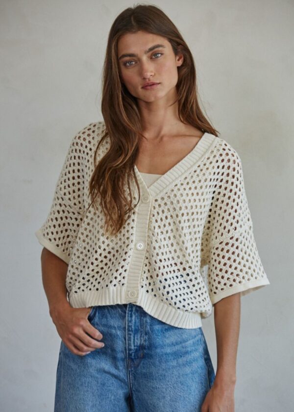 CREAM OPEN KNIT SHORT SLEEVE CARDIGAN