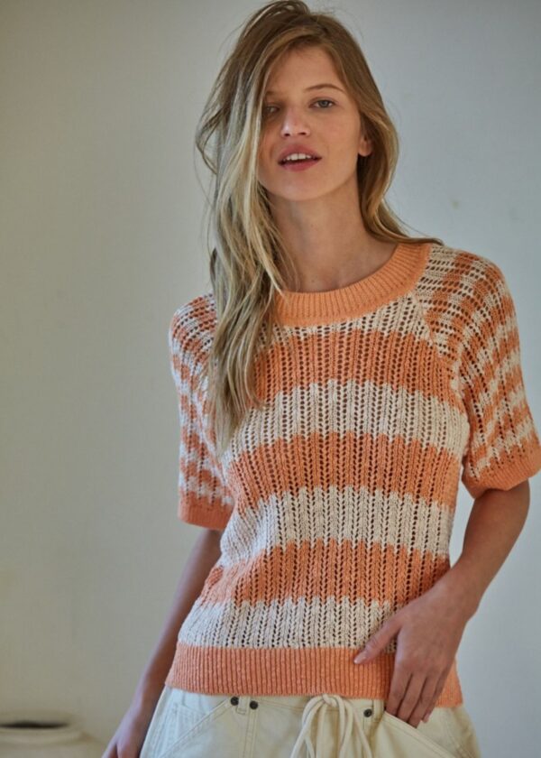 CORAL AND NATURAL STRIPE SWEATER TOP